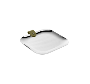 Christofle Club Stainless Steel Trinket Tray—a square metal tray featuring rounded edges, small textured dots, and a green tab with a metal rivet on one corner, displayed on a white background for a stylish decorative accent.