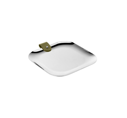 Christofle Club Stainless Steel Trinket Tray—a square metal tray featuring rounded edges, small textured dots, and a green tab with a metal rivet on one corner, displayed on a white background for a stylish decorative accent.