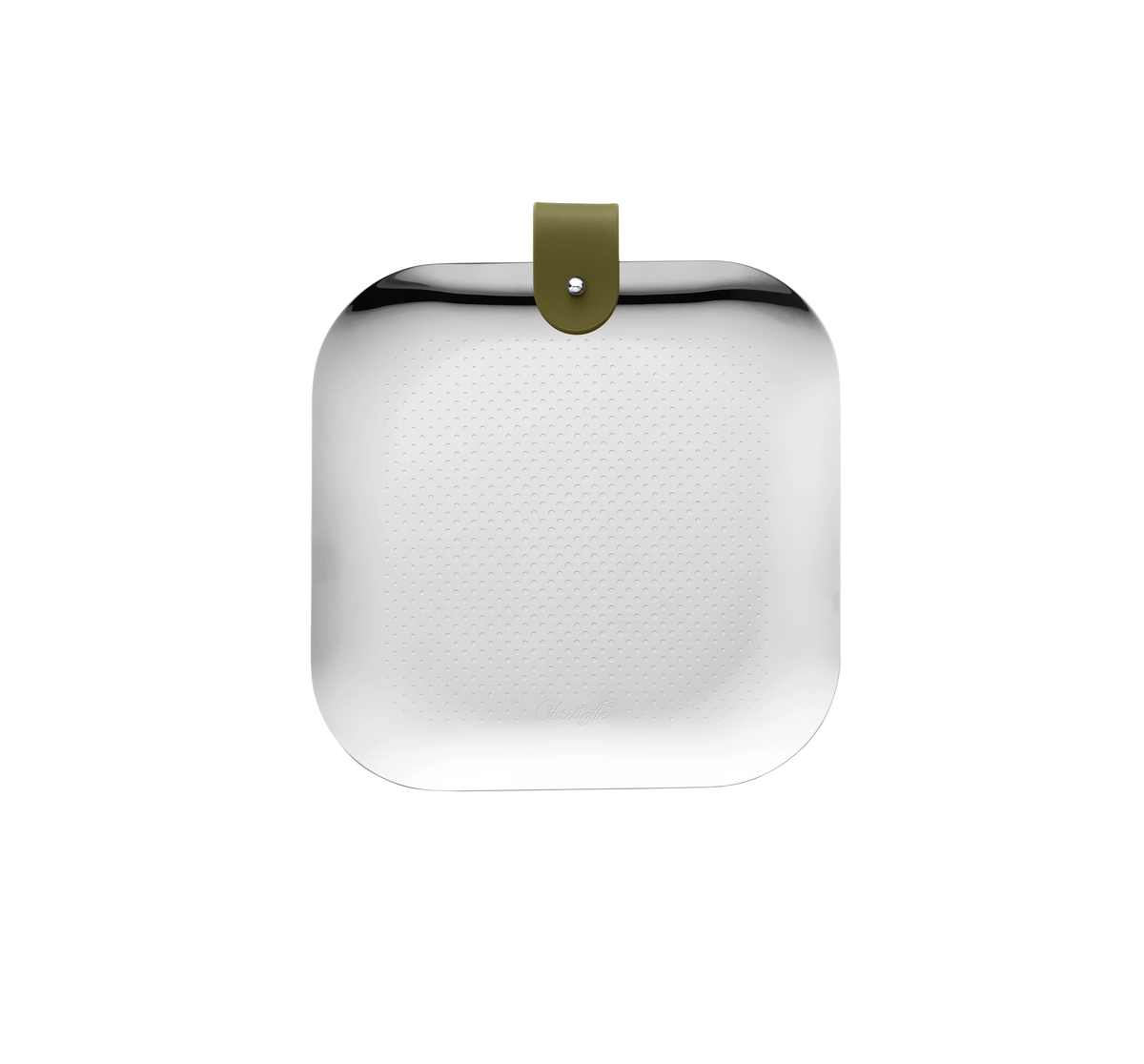 The Club Stainless Steel Trinket Tray by Christofle showcases a square design with rounded corners, a textured surface, and an olive green handle accented by a metal rivet at the top center—making it an elegant decorative piece for any space.