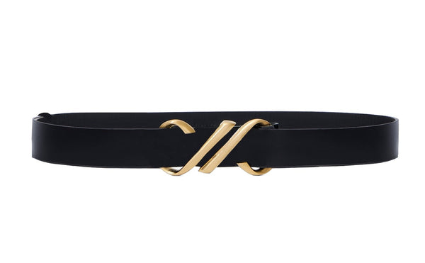 Black calfskin Proenza Schouler Monogram Belt with a gold-tone brass monogram buckle.