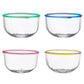 From the Juliska Nell Collection, these four mouth-blown glass bowls feature a uniform shape and size with colored rims in green, blue, pink, and yellow. Ideal for adding a vibrant touch to your cocktail gatherings.