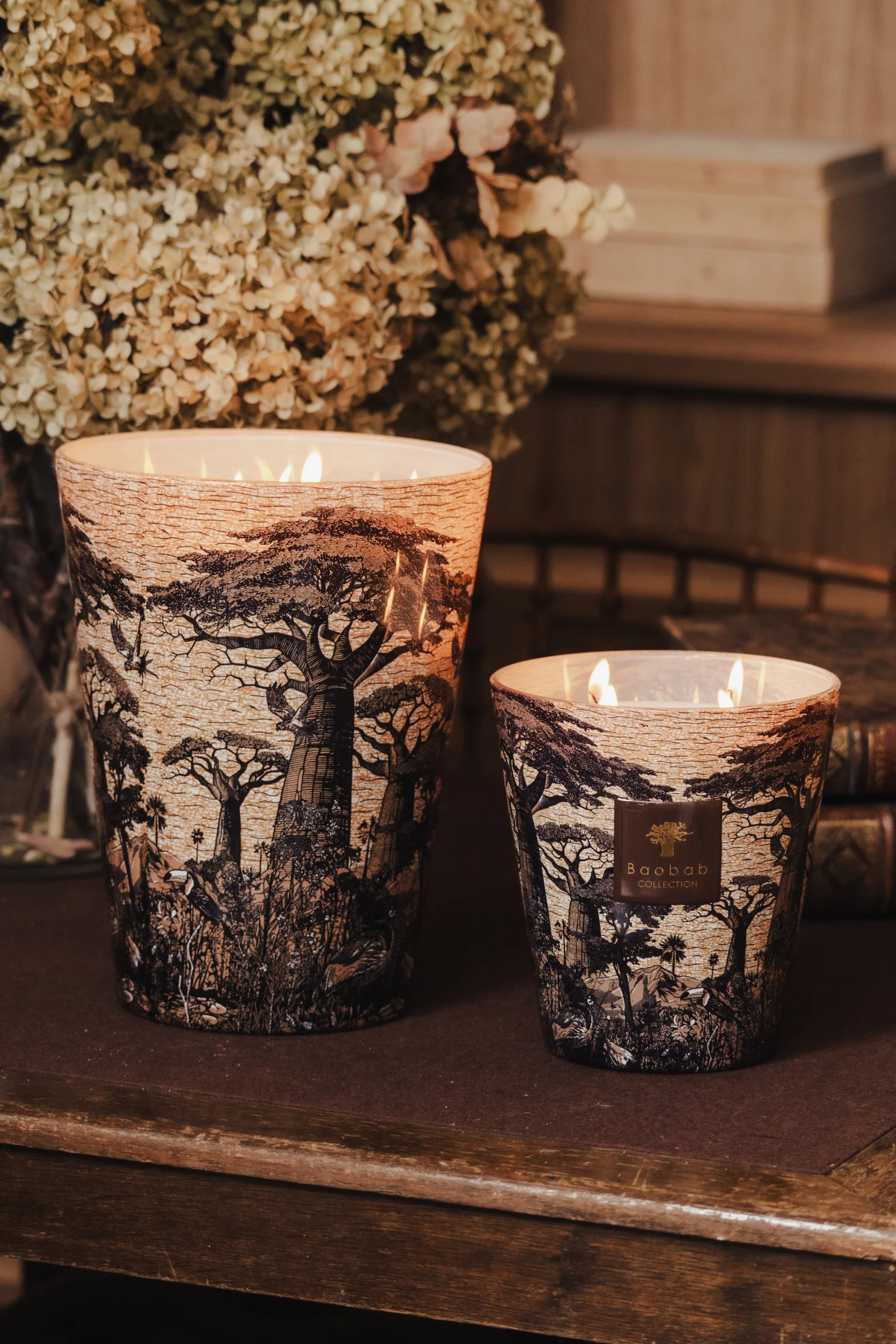 Two Baobab Sacred Trees Mankono Candles, featuring black and white tree designs, sit lit on a wooden surface. Their woody spicy fragrance fills the air, with dried flowers and stacked books in the background.