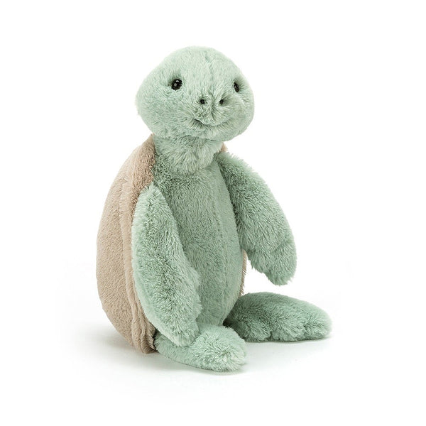 Seafoam Blue with Beige Turtleshell and black eyes.Bashful Turtle stuffed plushie from Jellycat, sitting on a white background.