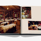 Open book displaying a rustic wooden dining room with set tables on the left page, and two photos of food and dining on the right page—evoking the refined ambiance found in luxury hotels such as Baur au Lac in Zurich, as featured in Baur Au Lac: A Legacy by the Lake by Assouline.