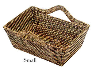 Calaisio Rectangular Basket Collection: Handwoven basket with a single curved handle, labeled "Small" in the bottom left—an elegant storage solution for any room.