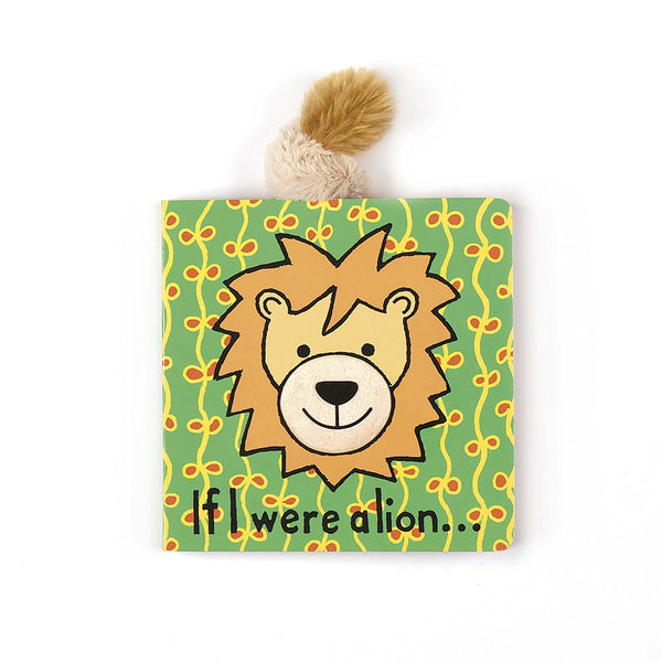 If I were a Lion Book by Jellycat, featuring a tan lion against a vibrant green jungle background with a plushie tail coming out from the book.