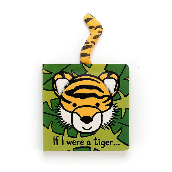 Jellycat, If I Were A Tiger Book by Jellycat on green background with leaves.