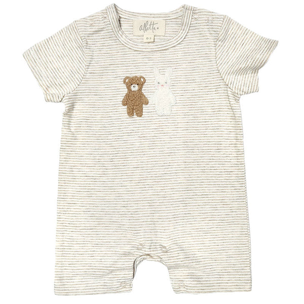 Albetta Romper, Lullaby Best Friends by Albetta with short sleeves, snap closures on the shoulders, and embroidered furry best friends—a charming bear and bunny—on the front.