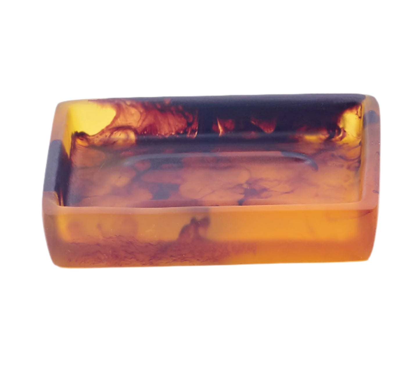 The Nashi Home Bath Collection, Tortoise tray by Nashi Home has a rectangular shape with an amber hue, inspired by Sydney's vibrant beaches, featuring marbled dark red and brown patterns inside and a glossy finish.
