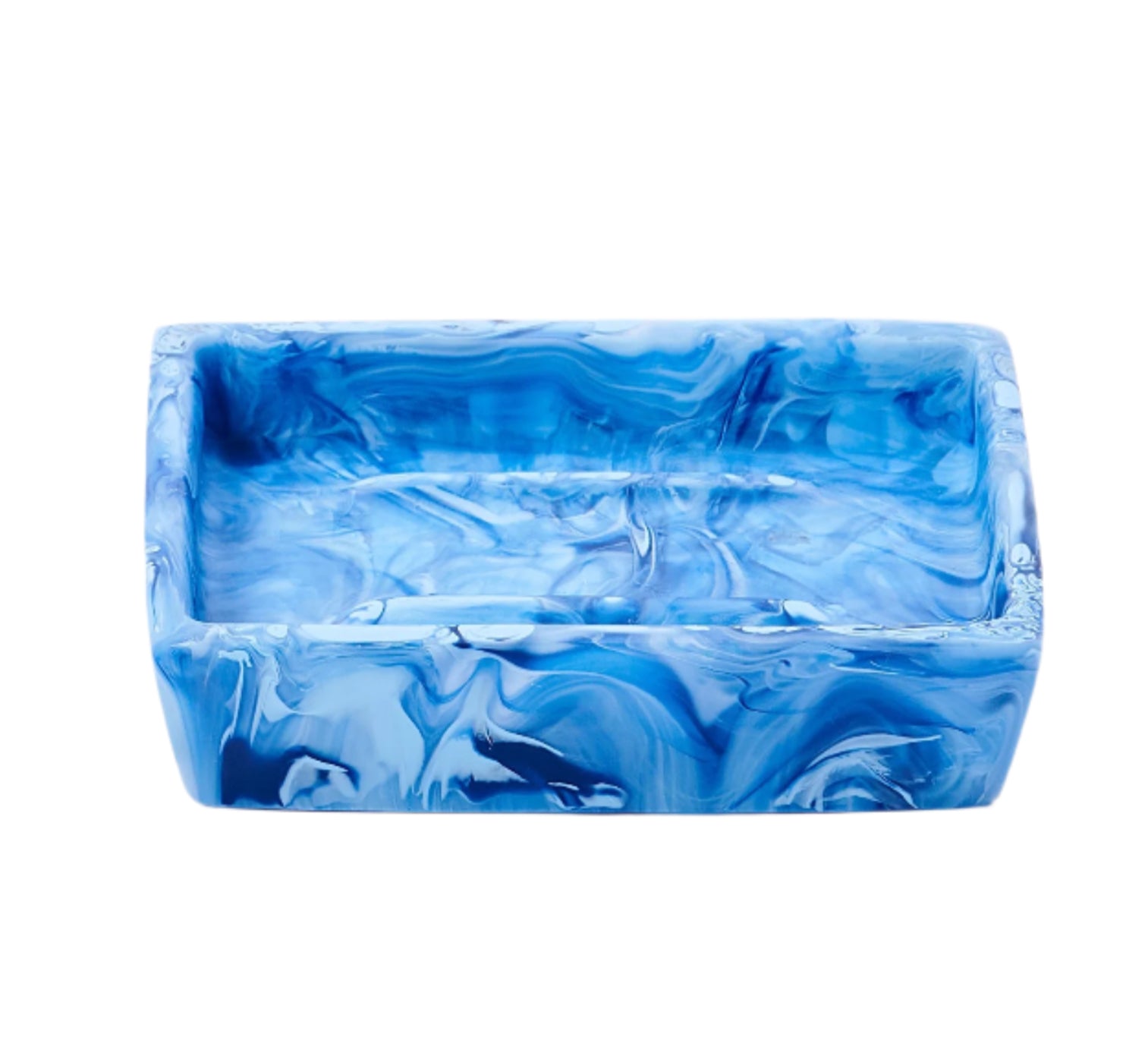 Nashi Home’s Denim Resin Bath Collection features a rectangular, blue marbled soap dish with a glossy finish inspired by Sydney beaches, shown against a white background.
