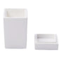 A tall rectangular soap dispenser and a shorter square dish from the Solid White Resin Bath Collection by Nashi Home make perfect additions to your bath accessories, shown here against a plain background.