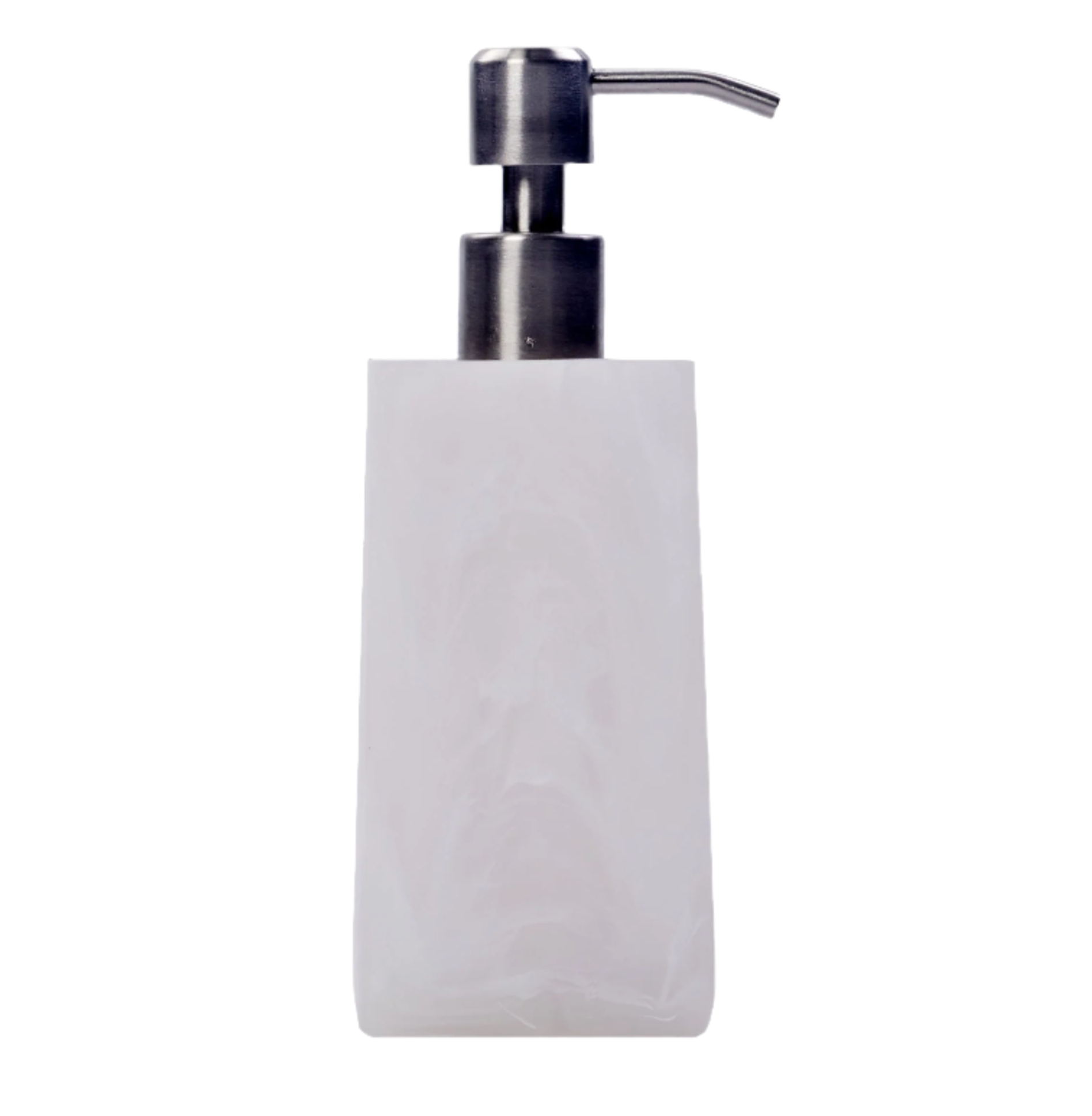 Nashi Home Bath Collection's Swirl White soap dispenser features a marble pattern and stainless steel pump, part of the vibrant color resin series, isolated on white.