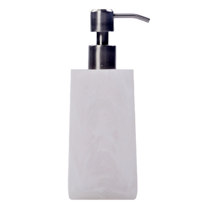Nashi Home Bath Collection's Swirl White soap dispenser features a marble pattern and stainless steel pump, part of the vibrant color resin series, isolated on white.