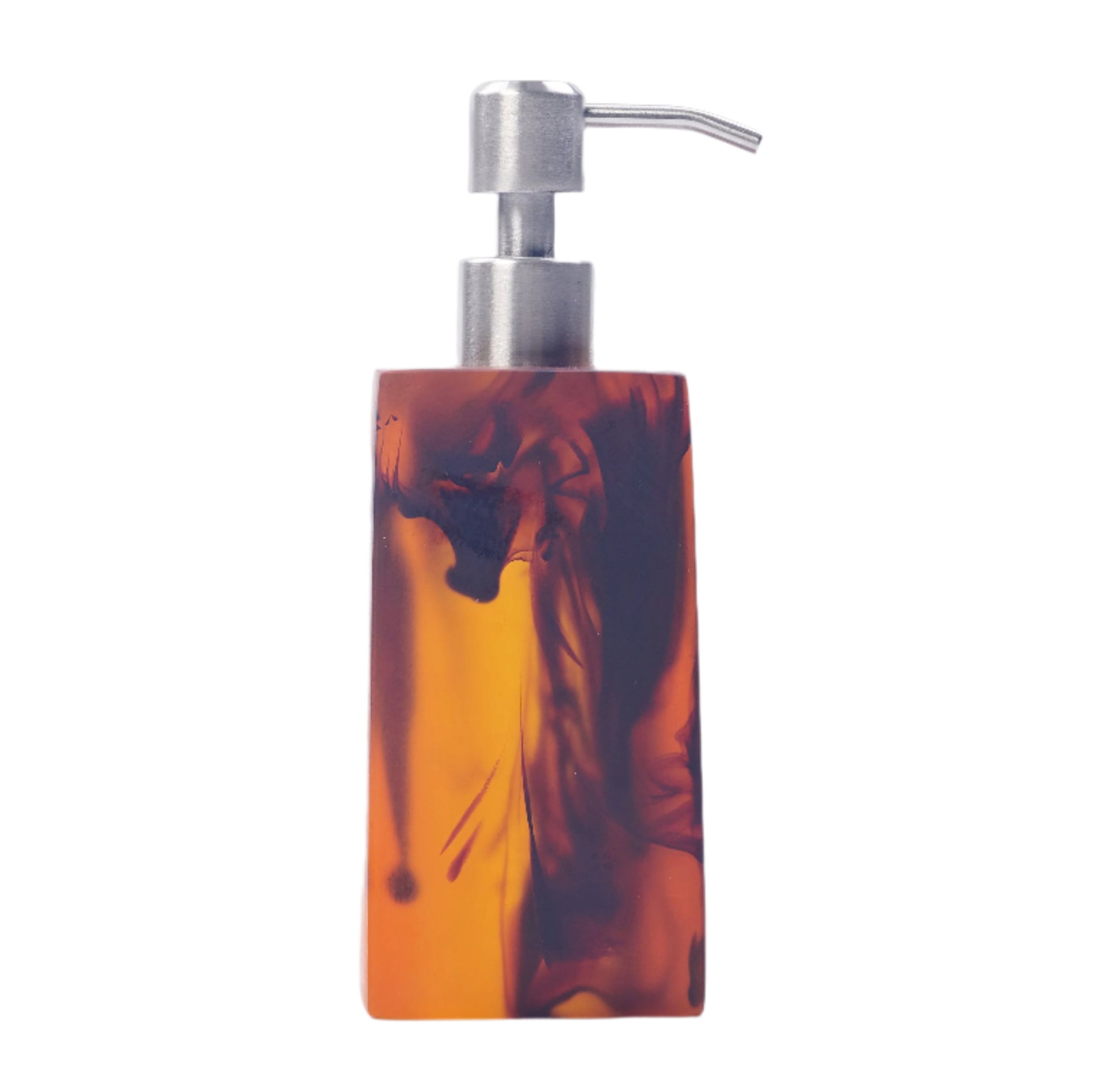 The Nashi Home Bath Collection Tortoise soap dispenser features a vibrant marbled amber and black design with a silver pump, reminiscent of Sydney beach hues.