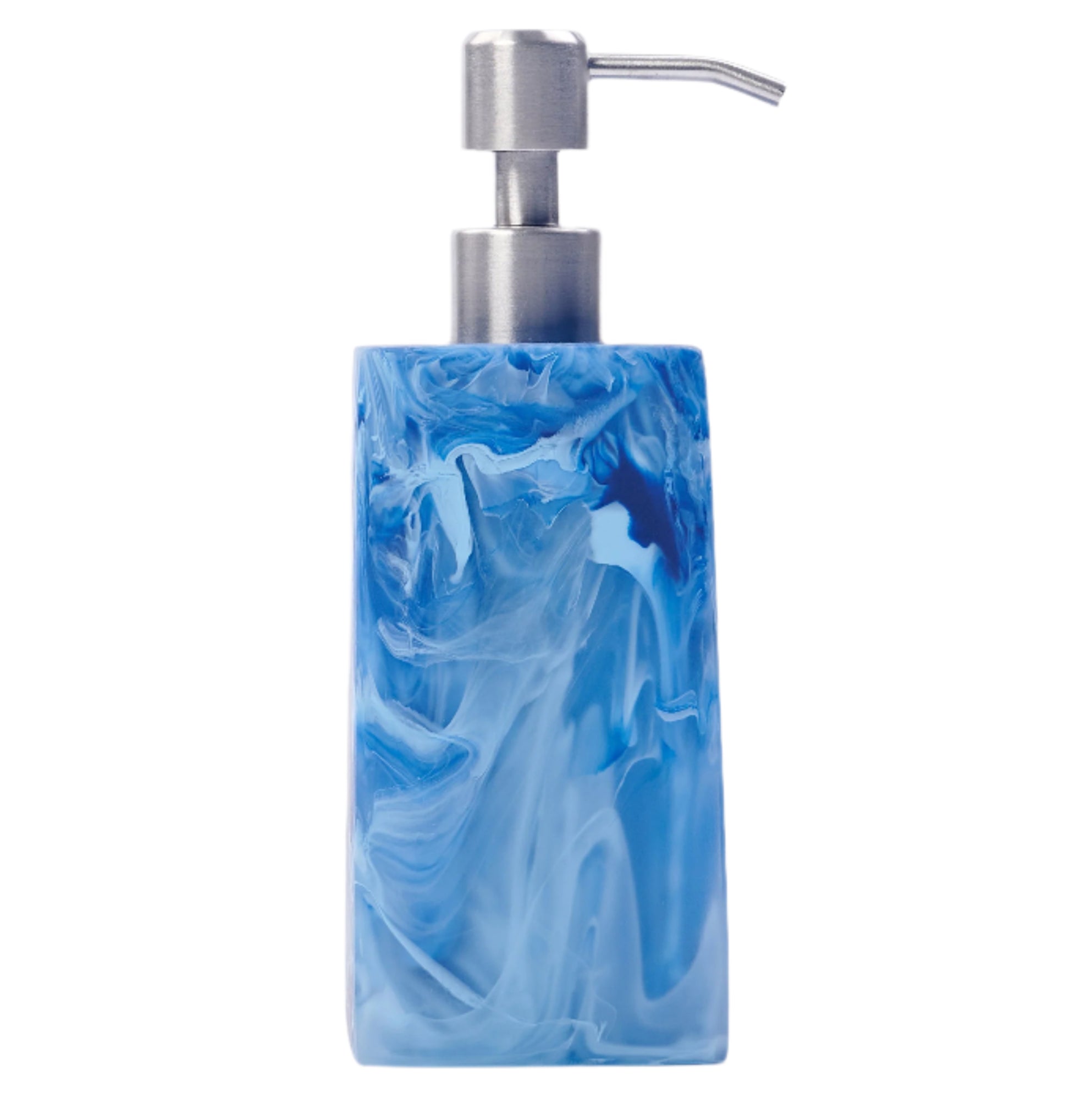 The Nashi Home Denim Resin Bath Collection soap dispenser features a square blue and white marbled design with a silver pump, inspired by Sydney’s aqua waters, shown against a white background.