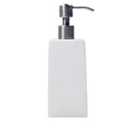 Solid white rectangular soap dispenser with a silver pump, part of the elegant Nashi Home Bath Collection.