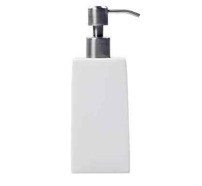 Solid white rectangular soap dispenser with a silver pump, part of the elegant Nashi Home Bath Collection.