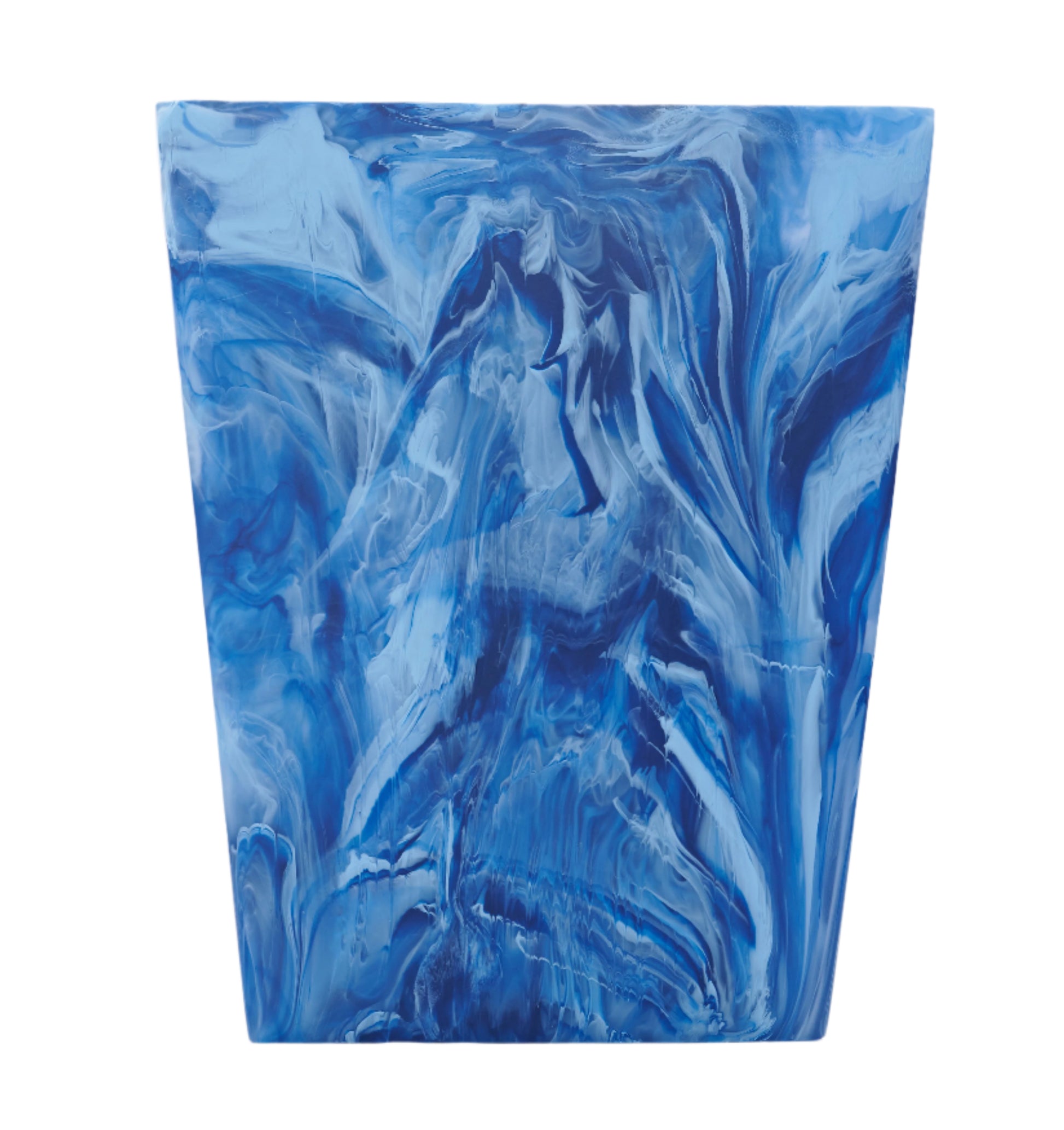 The Denim Resin Bath Collection by Nashi Home features a rectangular container with a swirling blue and white marbled pattern inspired by Sydney beaches.
