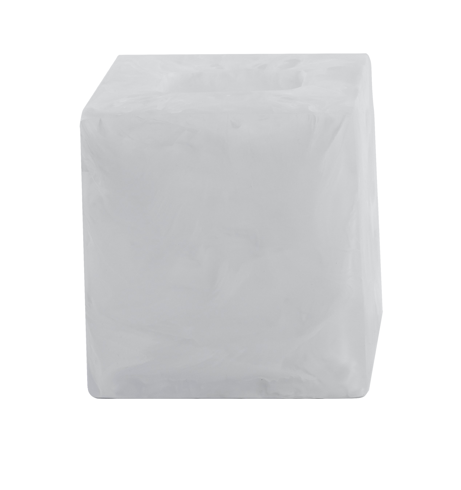 A solid white cube with a smooth surface, part of the Nashi Home Bath Collection Swirl White, sits isolated on a plain background, evoking the serene simplicity of Sydney beaches.