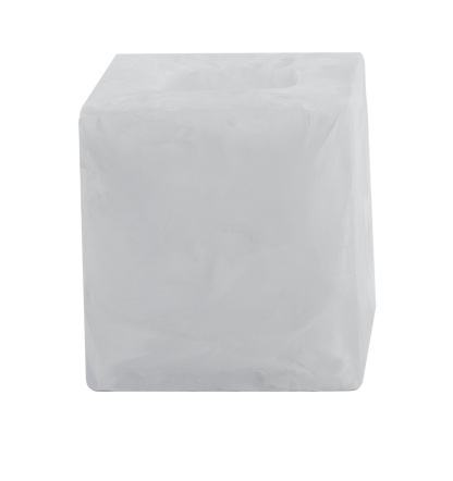 A solid white cube with a smooth surface, part of the Nashi Home Bath Collection Swirl White, sits isolated on a plain background, evoking the serene simplicity of Sydney beaches.