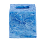The Nashi Home Denim Resin Bath Collection features a square, blue and white marbled plastic tissue box cover with a rectangular top opening, inspired by Sydney beaches and perfect for coordinating with matching resin bath accessories.