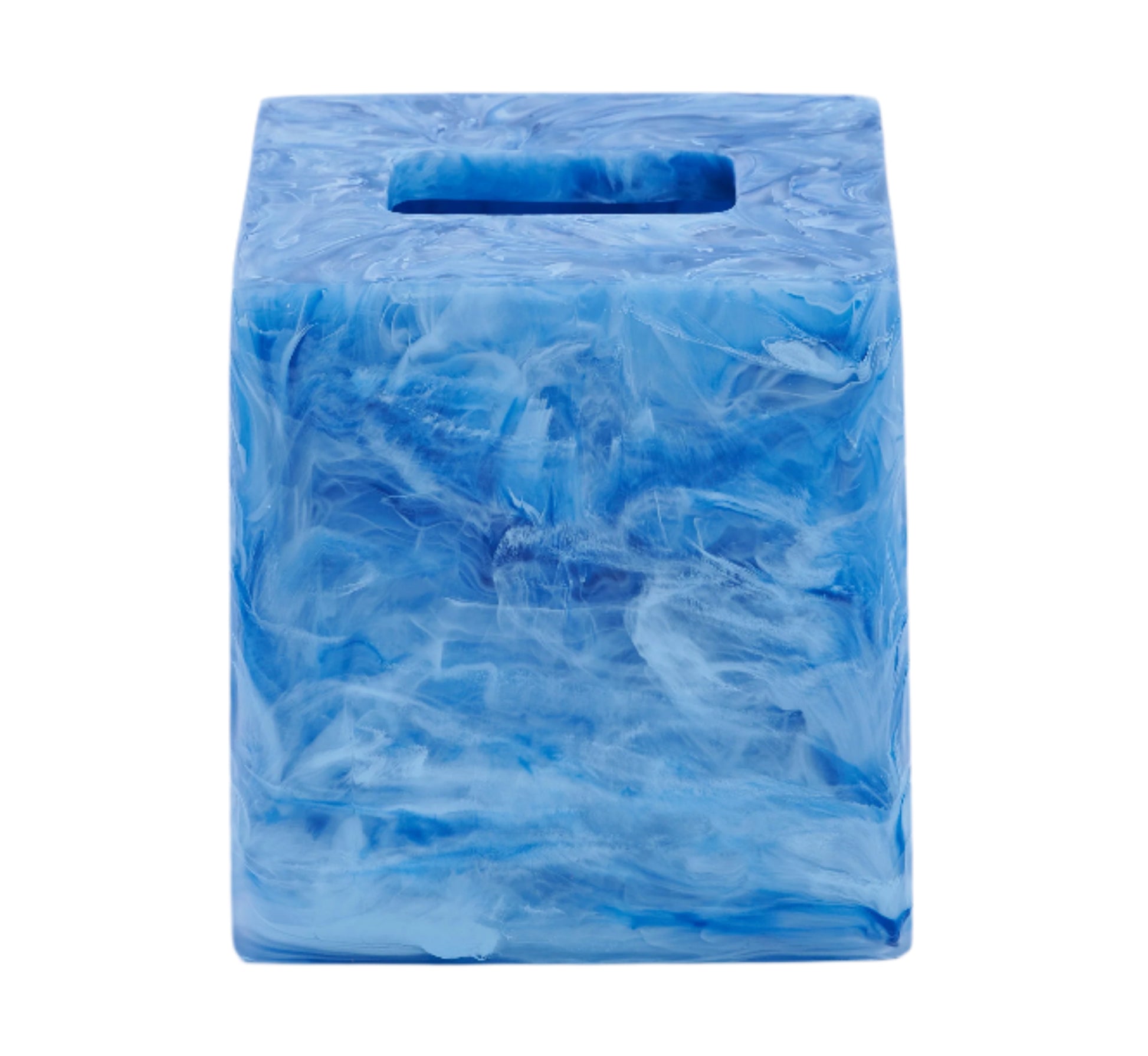 The Nashi Home Denim Resin Bath Collection features a square, blue and white marbled plastic tissue box cover with a rectangular top opening, inspired by Sydney beaches and perfect for coordinating with matching resin bath accessories.