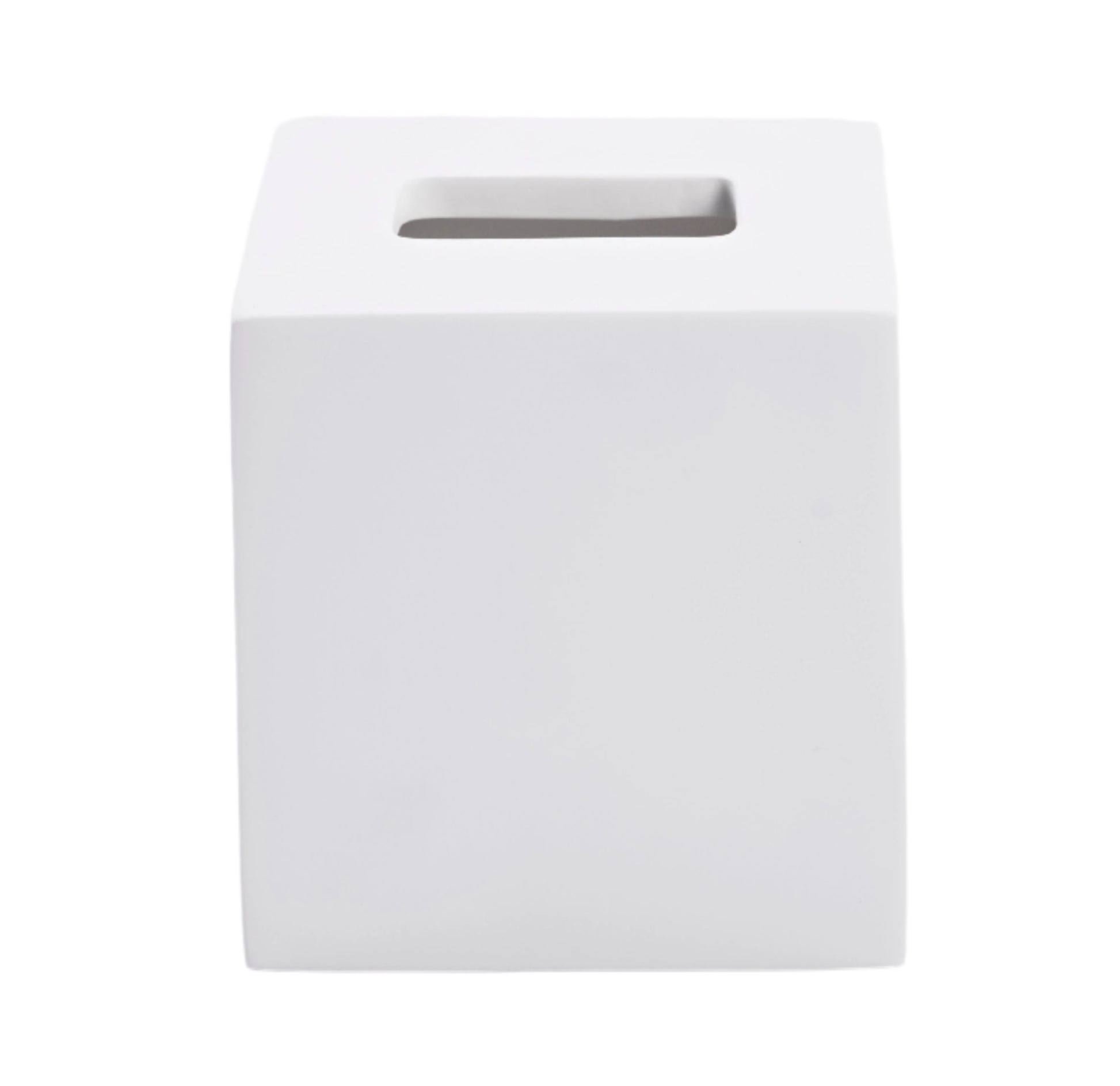 The Nashi Home Solid White Resin Bath Collection features a square, white tissue box cover with a rectangular top opening, shown against a plain background.