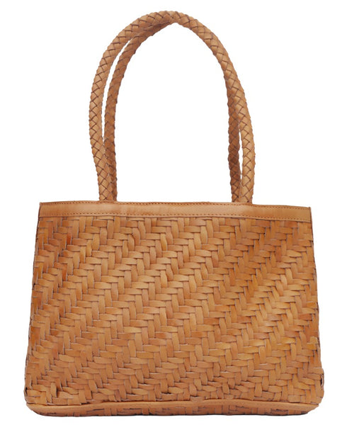 An Bembien Ella Bag in tan handwoven leather with braided handles, set against a white background.