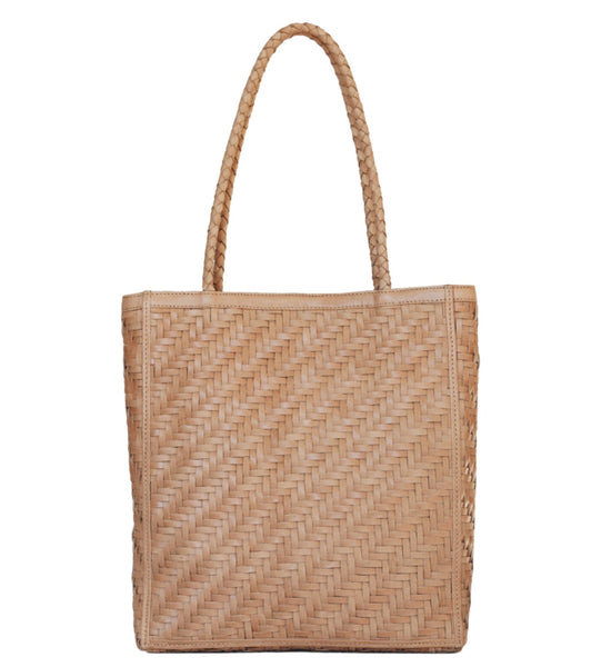 Bembien Le Tote bag with square shape and braided top handles, isolated on a white background.