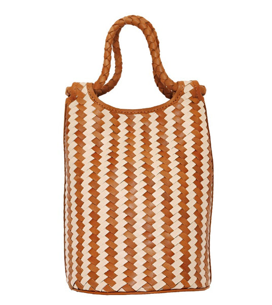 Bembien Lina Bucket tote bag with interlocking tan straps and brown leather accents, featuring a removable shoulder strap, displayed on a white background.