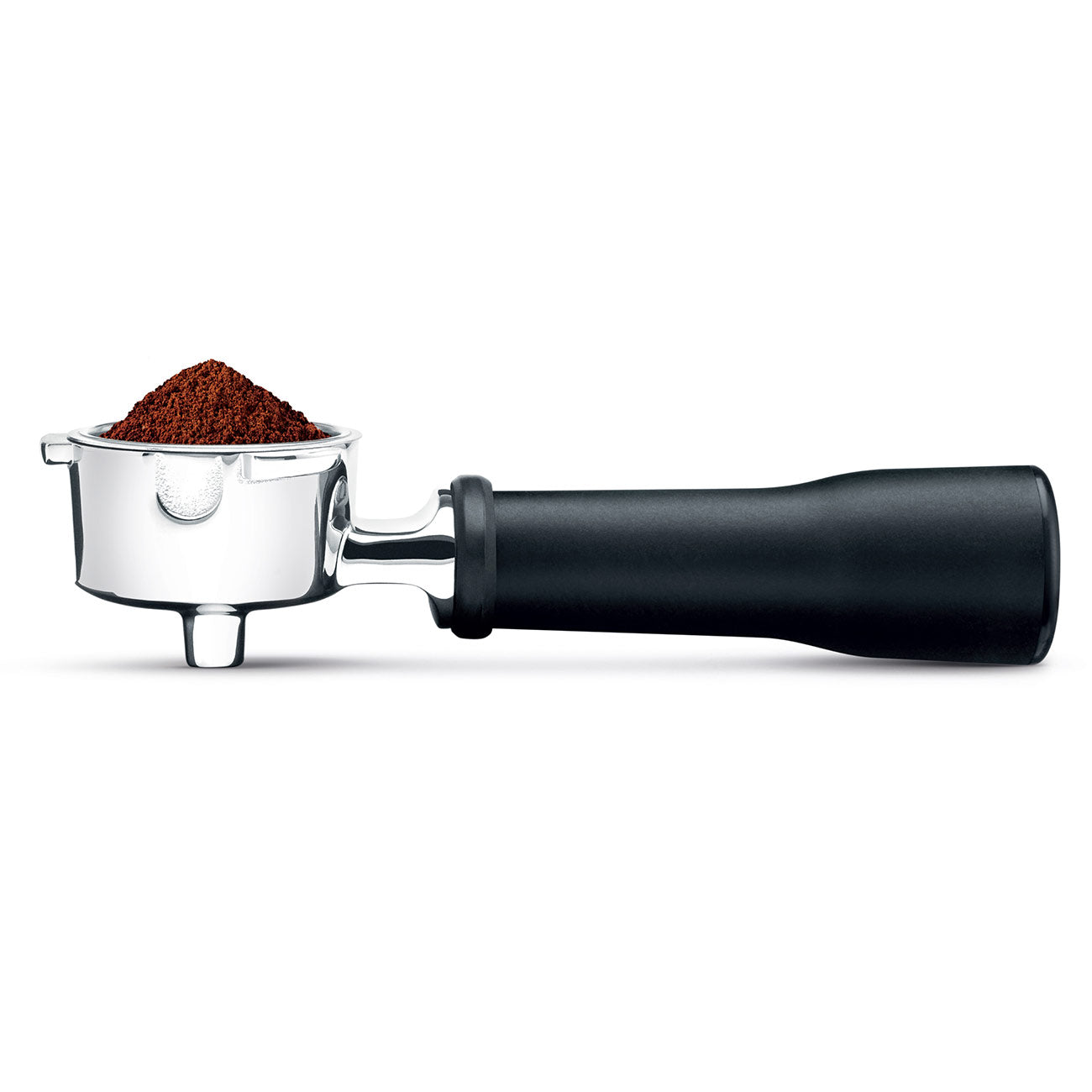 A Breville Bambino Plus Espresso Machine portafilter, filled with ground coffee and ready for brewing, is displayed against a white background.