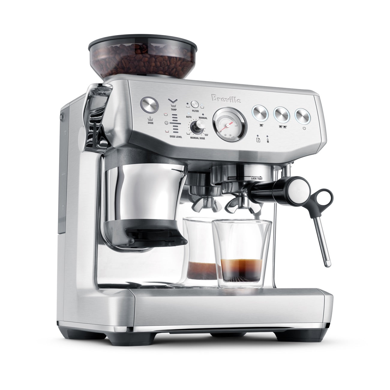 The Breville Barista Express Impress Espresso Machine features a built-in grinder, steam wand, two glass cups, and a coffee bean hopper—ideal for making specialty coffee at home.