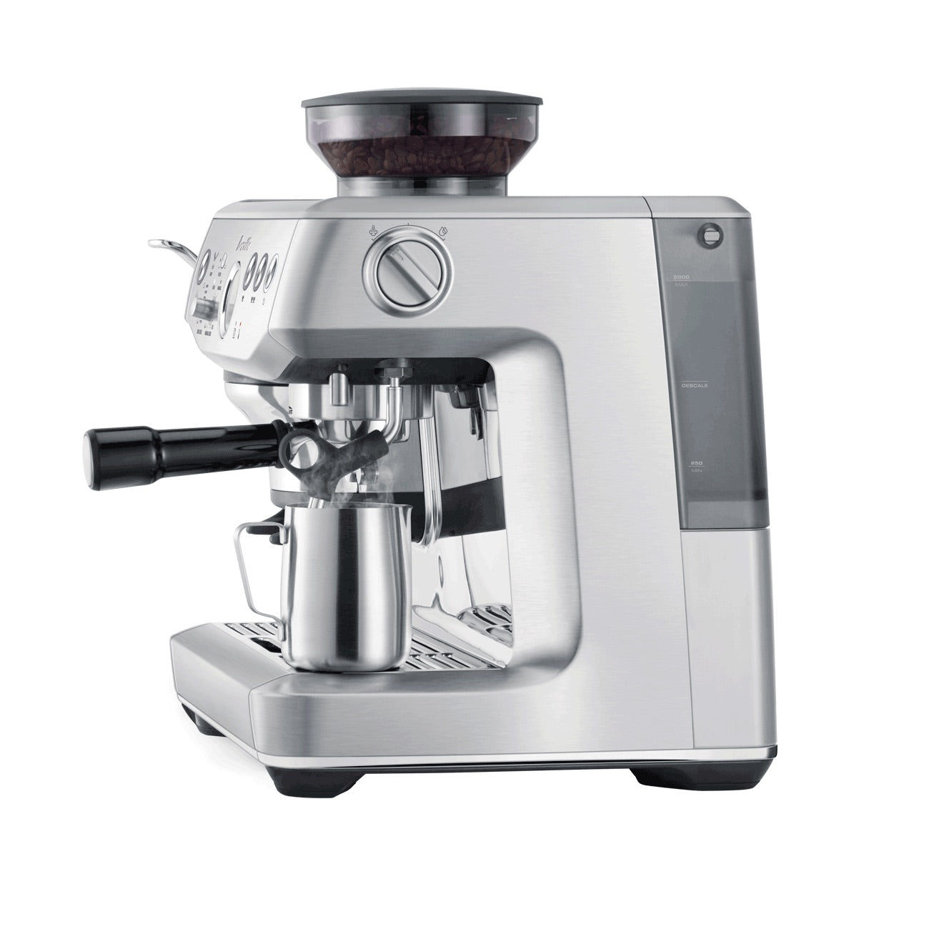 The Breville Barista Express Impress Espresso Machine boasts a stainless steel build, portafilter, bean hopper, and milk frothing pitcher under the steam wand—perfect for specialty coffee enthusiasts.