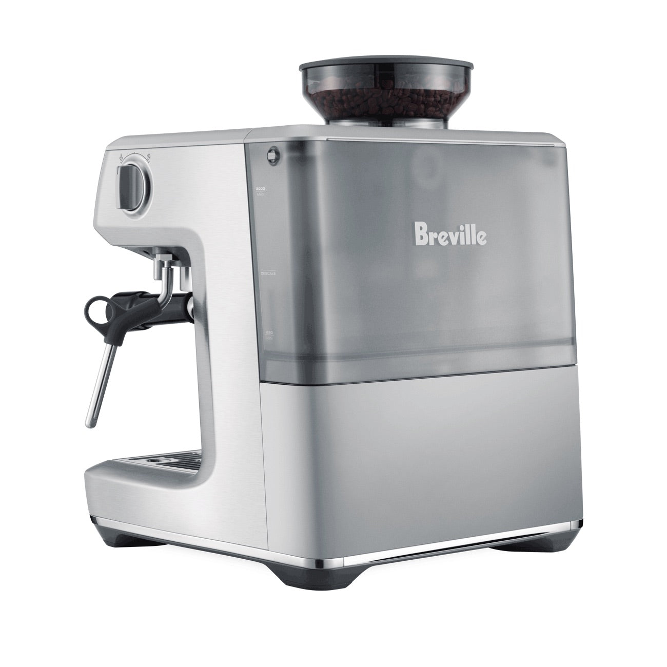 The Breville Barista Express Impress Espresso Machine features a silver finish, integrated bean hopper, steam wand for microfoam milk, and a transparent water reservoir.