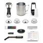 Espresso machine accessories for the Breville Barista Touch Impress, including portafilter, milk jug for microfoam, cleaning tools, filter baskets, water test strip, cleaning tablets, and instructions displayed on a white background.