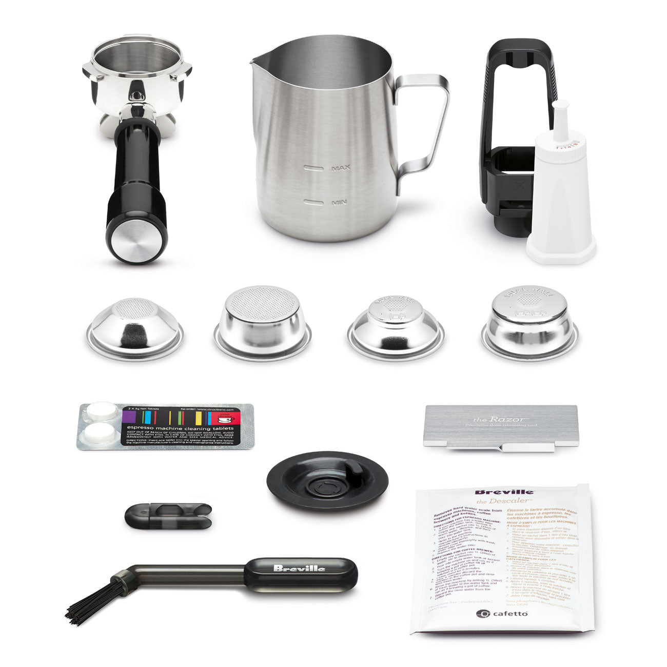 Espresso machine accessories for the Breville Barista Touch Impress, including portafilter, milk jug for microfoam, cleaning tools, filter baskets, water test strip, cleaning tablets, and instructions displayed on a white background.