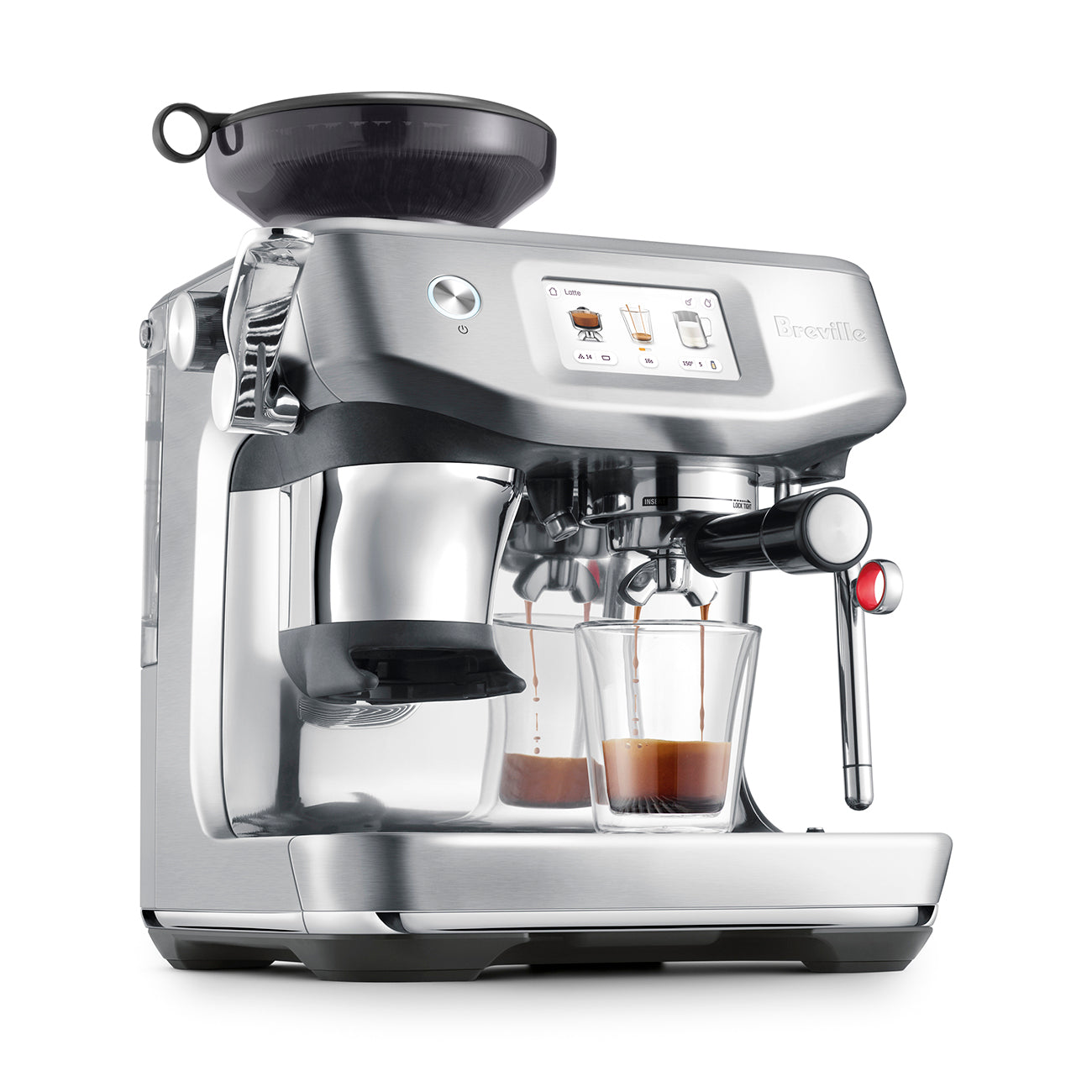The Breville Barista Touch Impress Espresso Machine, made of stainless steel with a digital display and ThermoJet heating, brews two espressos into glass cups.
