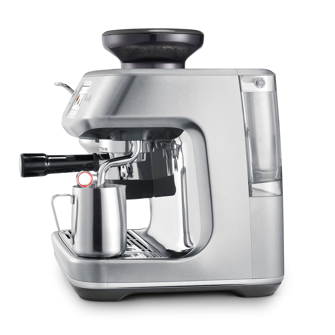 The Breville Barista Touch Impress Espresso Machine features the innovative Impress Puck System, a stainless steel body, attached portafilter, milk frothing pitcher below, and a visible water reservoir on the right.