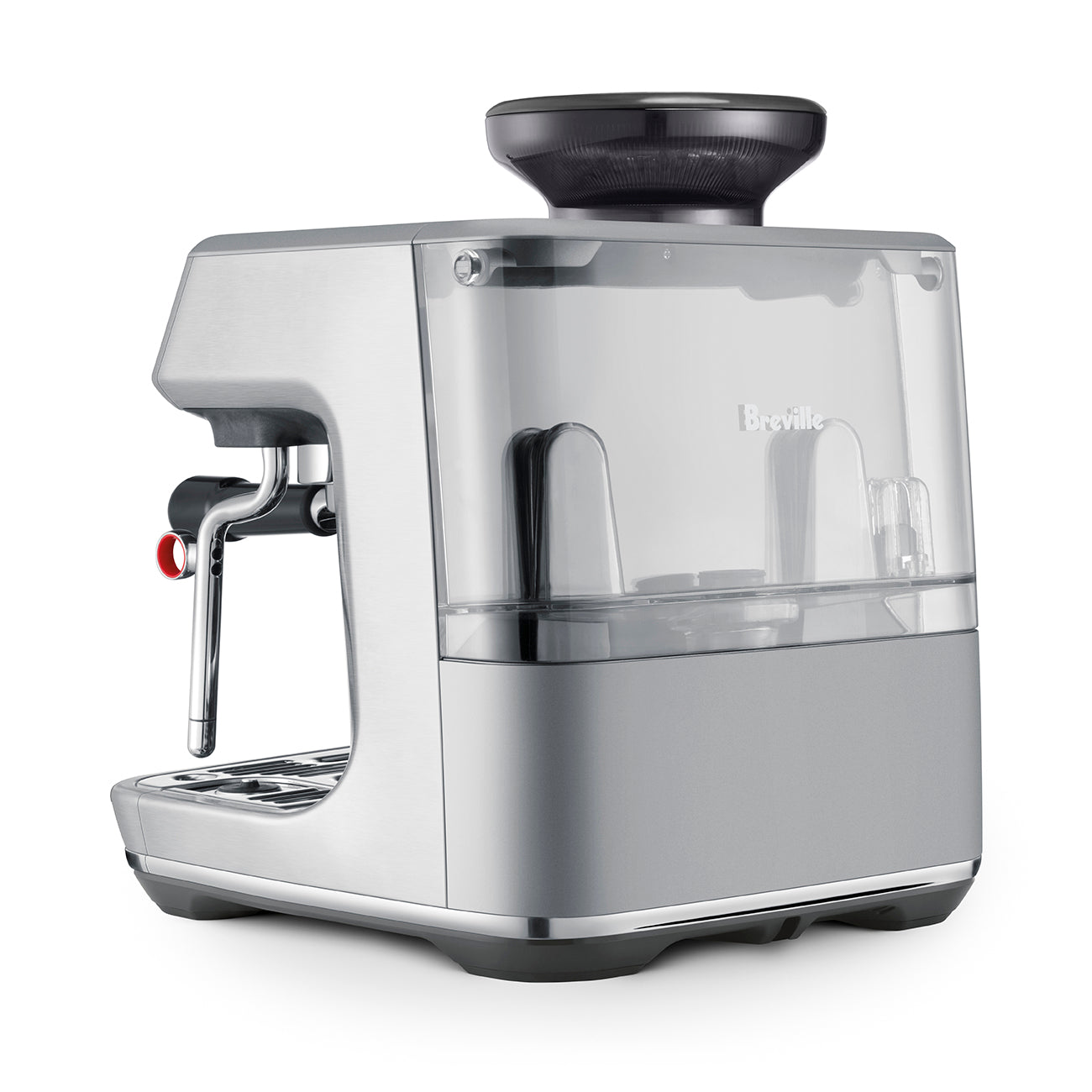 The Breville Barista Touch Impress Espresso Machine is a compact stainless steel unit featuring a transparent water tank and a left-side steam wand for creating microfoam milk.
