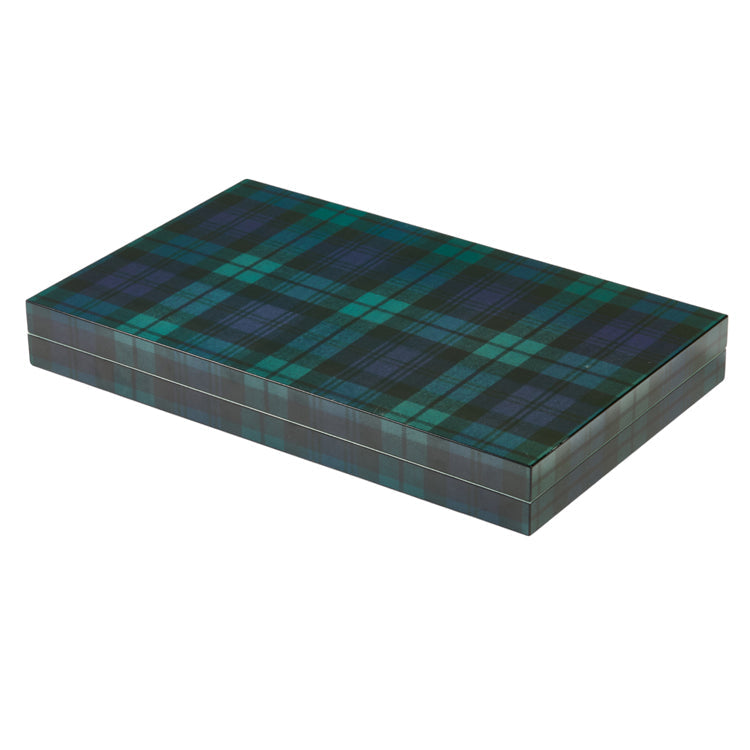The Addison Ross Lacquer Backgammon Collection features a rectangular box with a dark green and blue tartan plaid lid and sides, shown closed on a white background—a luxurious addition to any game collection.