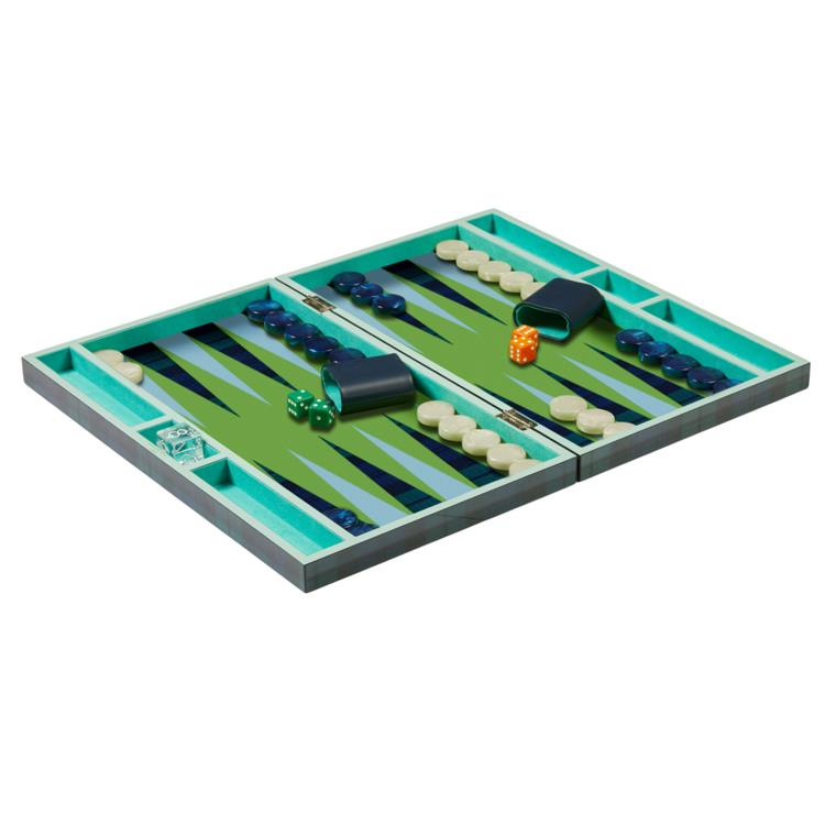 The Addison Ross Lacquer Backgammon Collection features checkers, dice, and dice cups arranged on a green and blue lacquered board—offering a true luxury backgammon experience.