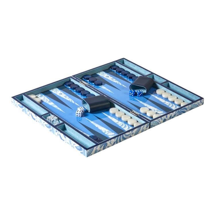 The Addison Ross Palm Beach Backgammon Collection features a blue and white luxury set with mother-of-pearl effect chips, precision dice, and dice cups displayed on an open board against a white background.