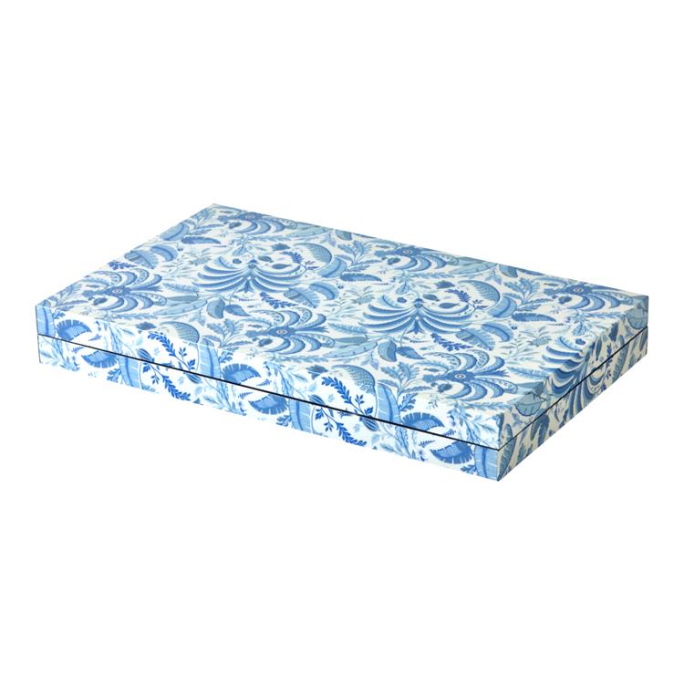 Addison Ross Palm Beach Backgammon Collection shown closed: a rectangular box with a blue and white floral patterned lid and sides, lacquered exterior, displayed against a white background.