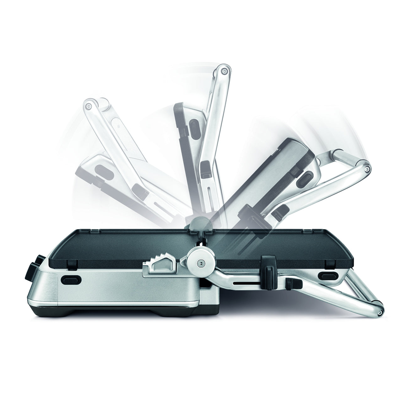 Side view of Breville's Sear & Press Grill slicer attachment with handle in various positions, demonstrating the lever’s range—perfect for prepping ingredients for your Breville Sear & Press Grill or ceramic griddle.