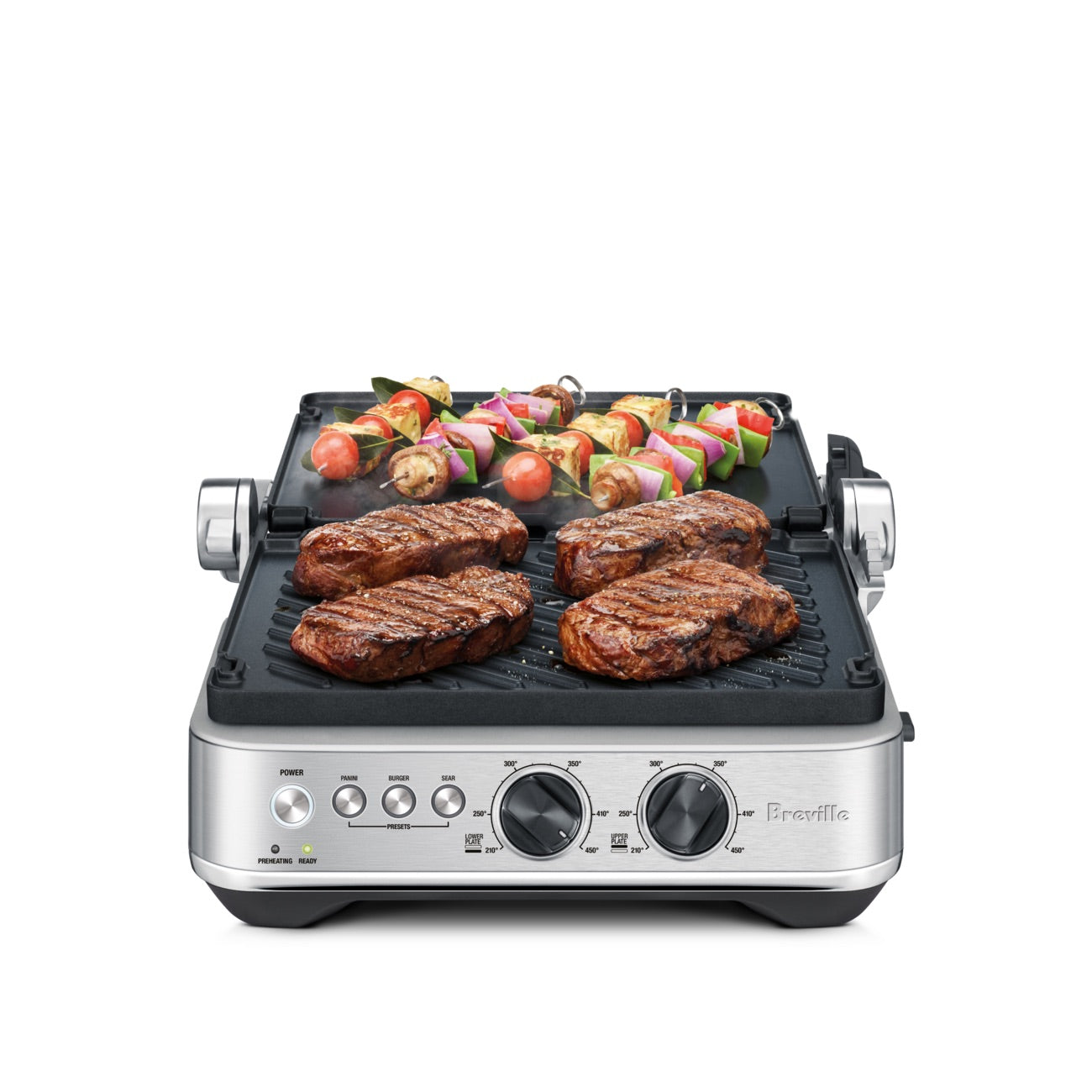 The Breville Sear & Press Grill doubles as a panini press and cooks four steaks plus veggie and meat skewers on its nonstick surface.