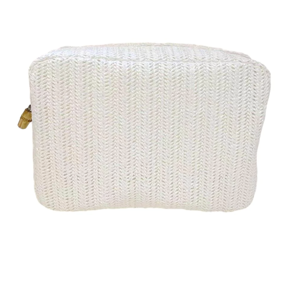 The TRVL Design Big Glam Bag in Straw White is an eco-friendly, rectangular woven pouch with a textured pattern and left-side zipper—perfect for everyday essentials.