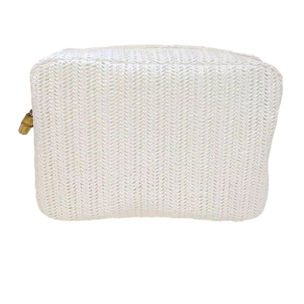 The TRVL Design Big Glam Bag in Straw White is an eco-friendly woven pouch with a side zipper, perfect for essentials. Its waterproof finish ensures durability and style, keeping you organized on the go.