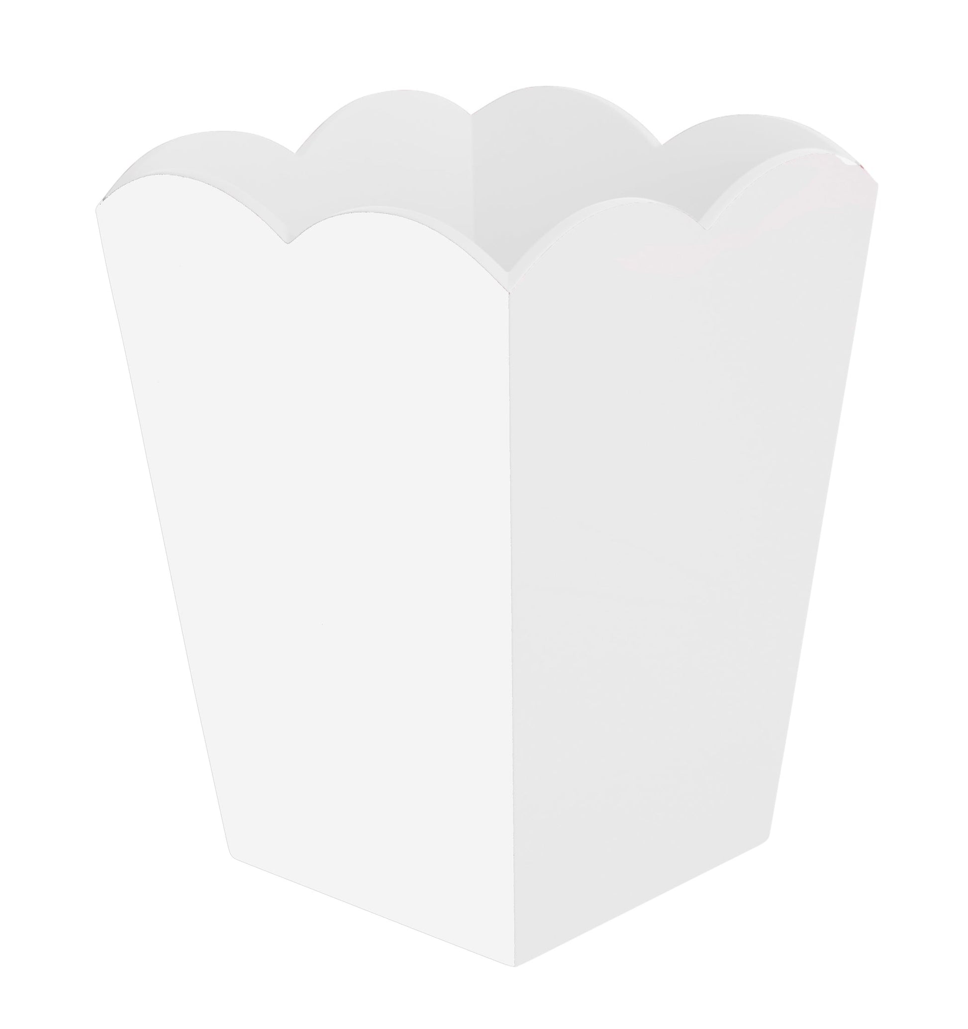 A plain white, scalloped-edge paper container from the Addison Ross Scalloped Lacquer Waste Bin Collection stands upright against a white background, featuring a high gloss white lacquer finish.