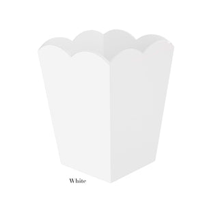 A plain white, scalloped-edge paper popcorn box is shown against a white background, its design reminiscent of the Addison Ross Scalloped Lacquer Waste Bin Collection. The word "White" is labeled below.