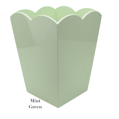 A mint green scalloped-edge container from the Addison Ross Scalloped Lacquer Waste Bin Collection, labeled "Mint Green" on the lower left side.